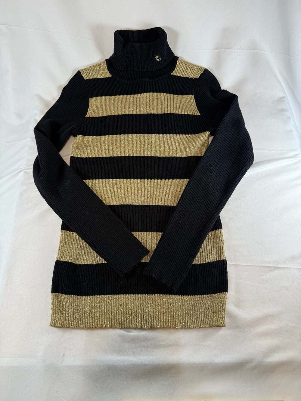 Lauren Ralph Lauren Metallic Stripe Turtleneck Sweater Black Gold old money, pre